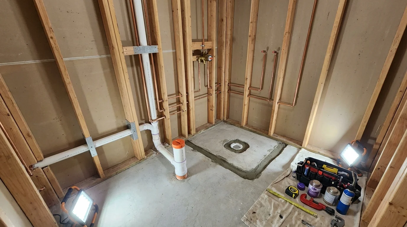 Bathroom rough-in plumbing during remodel by Johns Plumbing LLC in Salina