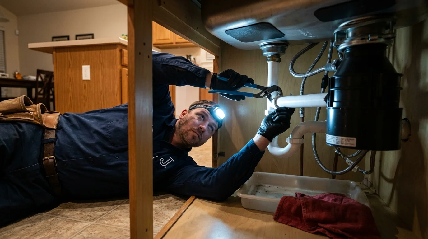 P-trap and supply line connections under a kitchen sink showing a common leak point in Salina, UT